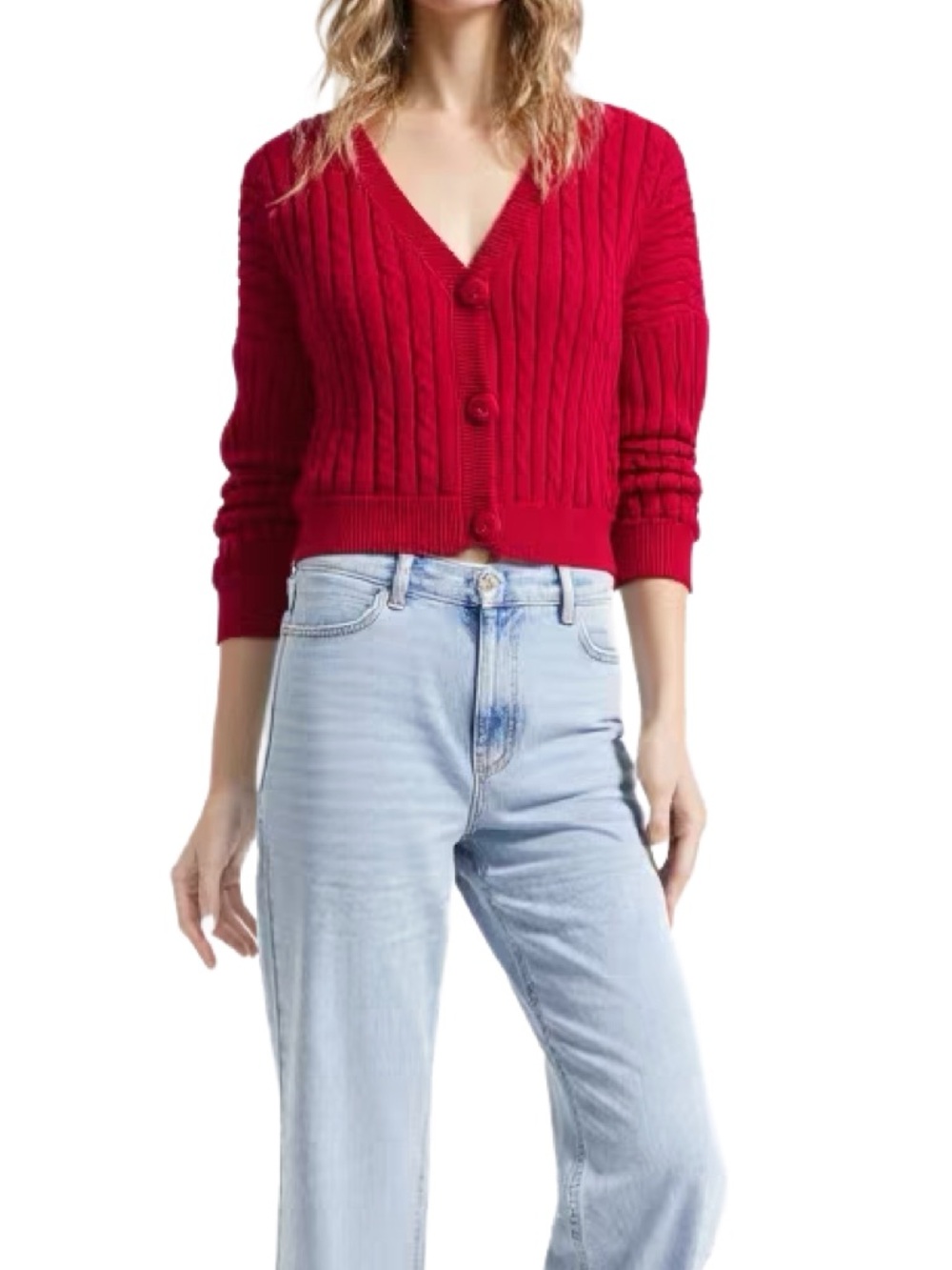 Hollister Cotton Slouchy Cropped V-Neck Cable Knit Red Cardigan Size Small